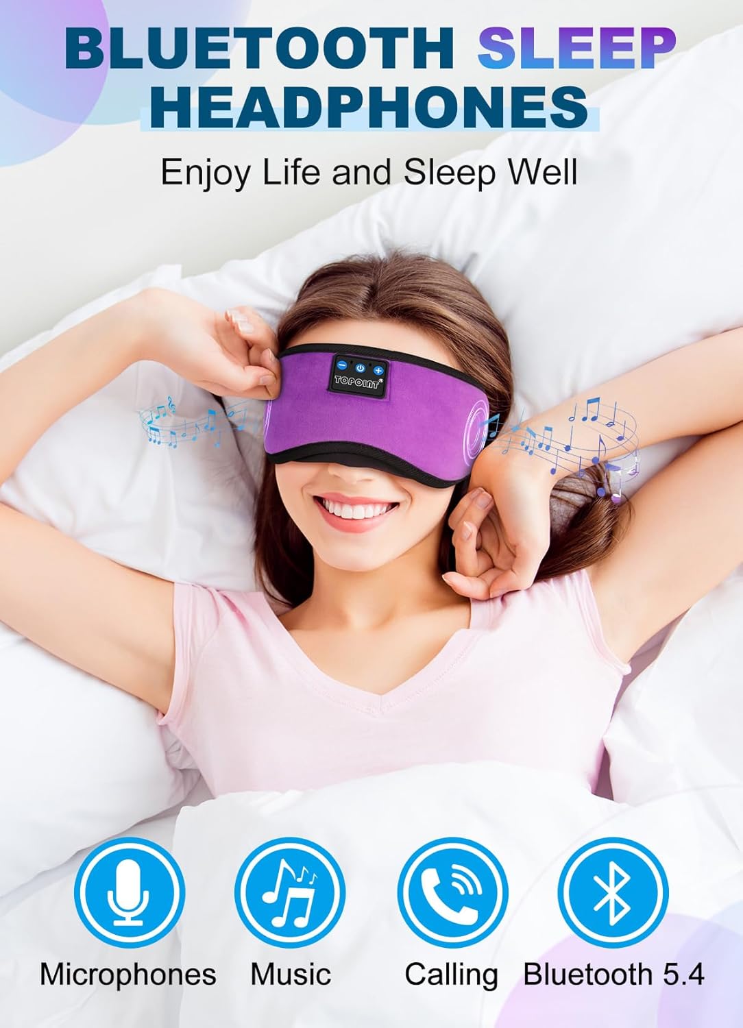 TOPOINT Sleep Mask with Headphones Bluetooth 5.4 Wireless, Sleep Headphones Earphones Earbuds with Microphone HD Speakers Music, Blackout Eye Mask for Sleeping Travel Meditation Men Women Cool Gadgets