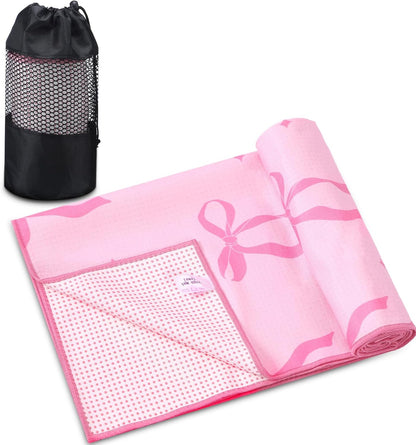 Breling Pink Bow Yoga Mat Towel with Grip Dot Preppy Coquette Bow Non Slip Ultra Absorbent Soft Microfiber Towel Without Hot Yoga Mat 72 x 24 Inch for Pilates Fitness Gym Women Birthday Gifts