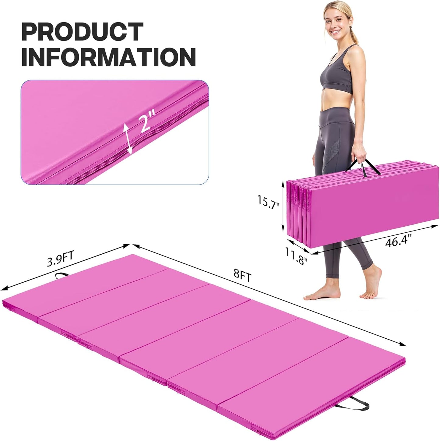 Outdoor Basic 6'x3'x2'' Gymnastics Mats Portable 4-Fold Tumbling Mat Thick Yoga Mat with PU Leather & Carry Handle for Home Workout, Yoga, MMA Core Training, Pilates