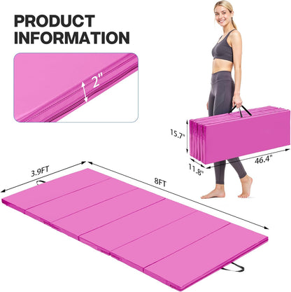 Outdoor Basic 6'x3'x2'' Gymnastics Mats Portable 4-Fold Tumbling Mat Thick Yoga Mat with PU Leather & Carry Handle for Home Workout, Yoga, MMA Core Training, Pilates