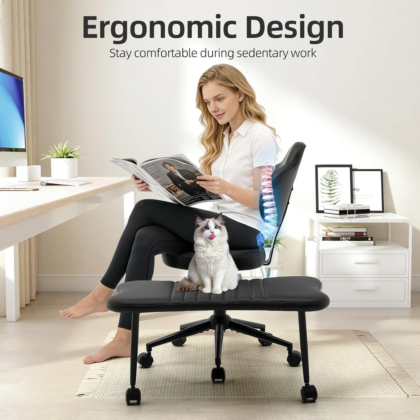 Ergonomic Cross Legged Chair, 360° Swivel Meditation Chair with Wheels, Height Adjustable Seat for Meditation, ADHD & Yoga, PU Leather Yoga Stool for Home Office, Black