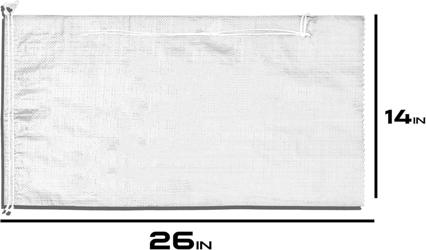 (Not Made in China) 20 Pack, Heavy Duty Sand Bags for Flooding, Empty Sandbags with Tie Strings, UV Protection 1600 Hours, Flood Control,14in x 26in, Sandbag for Weight, 50lb Capacity, White