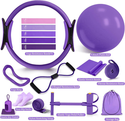Pilates Essentials Kit for Women 15 Pcs Pilates Equipment for Home Workouts with Yoga Circle Ball Ring, 5 Resistance Bands,Pedal Puller Resistance Band,Anti Slip Socks for Starter Set