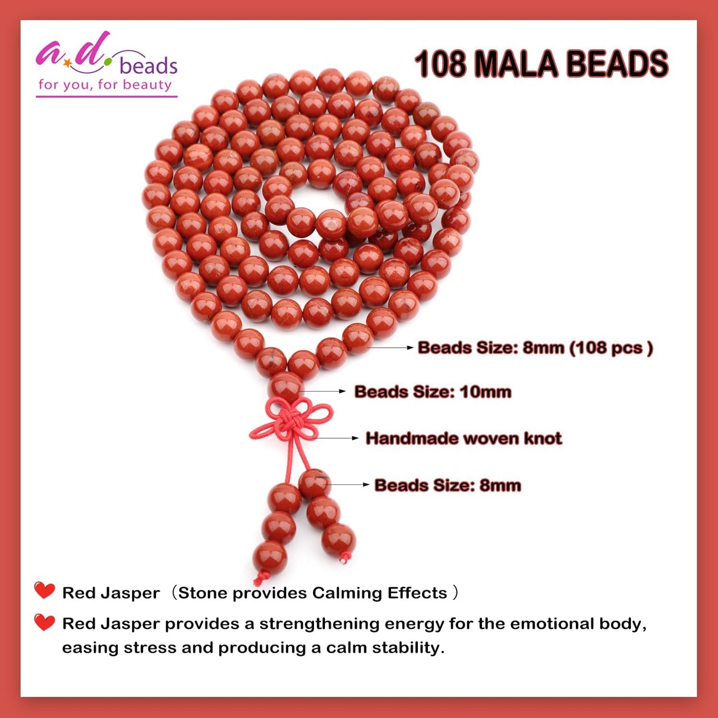 AD Beads 6mm 8mm 108 Prayer Mala Jasper Elastic Bracelet - Handmade Yoga Meditation Healing Power Energy Gifts for Unisex Adult.