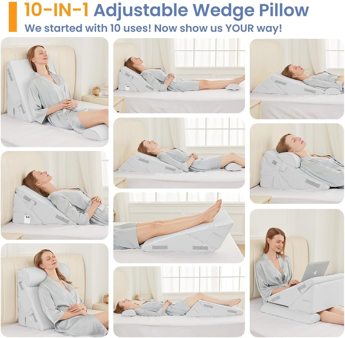 Sasttie Wedge Pillow Set for After Surgery, 2PCS Adjustable Bed Wedge Pillow Headboard with Memory Foam Neck Cushion – for Acid Reflux, Sleeping, Neck & Back Support, Dark Grey