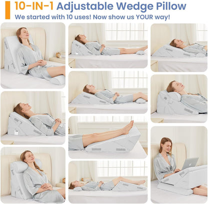 Sasttie Wedge Pillow Set for After Surgery, 2PCS Adjustable Bed Wedge Pillow Headboard with Memory Foam Neck Cushion – for Acid Reflux, Sleeping, Neck & Back Support, Dark Grey