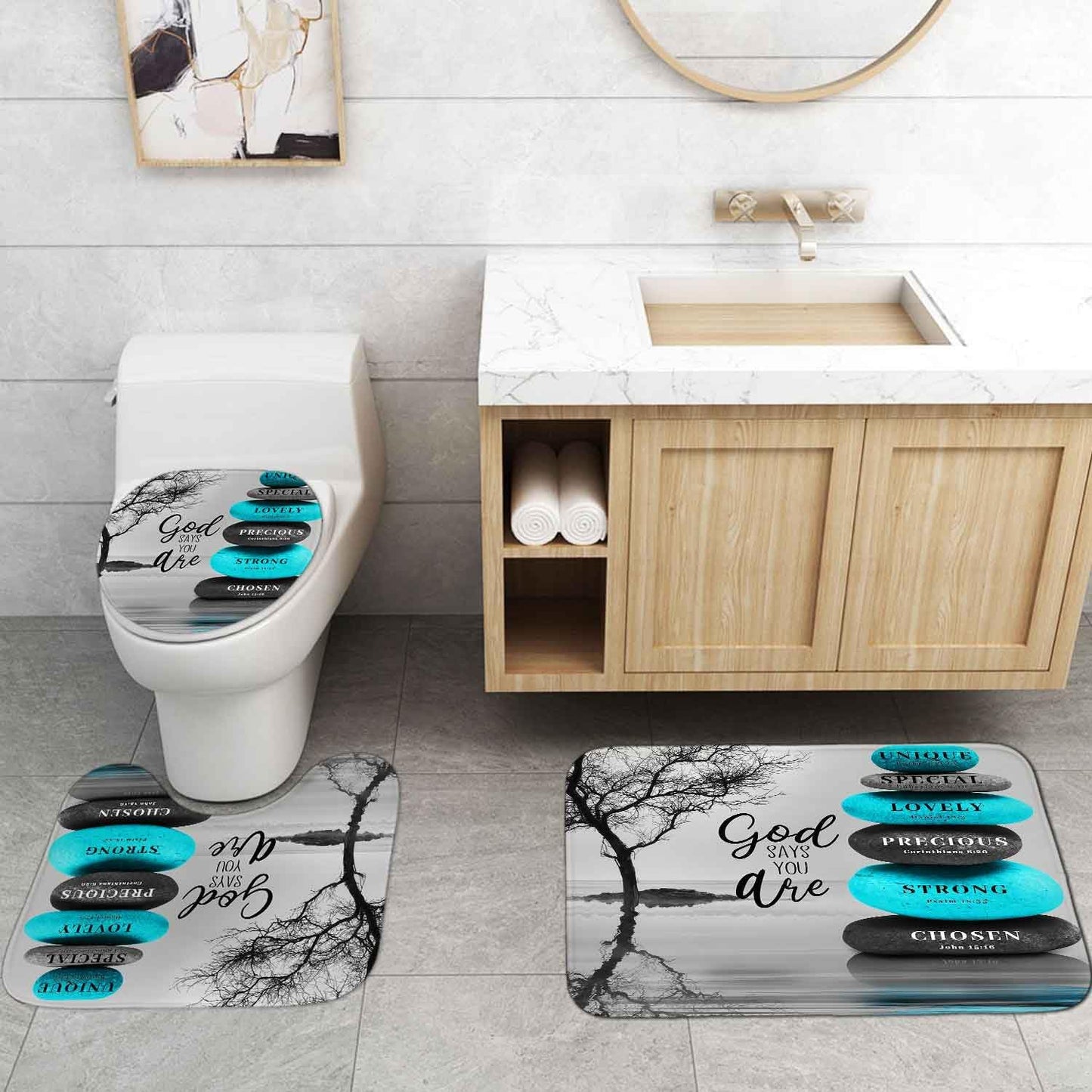 4PCS Spa Zen Shower Curtain Sets with Rugs, White Shower Curtain, Pink Floral Orchid Lotus Water Lily Stone Bamboo Water Reflection Yoga Massage Relaxing Spiritual Meditation Bathroom Decor
