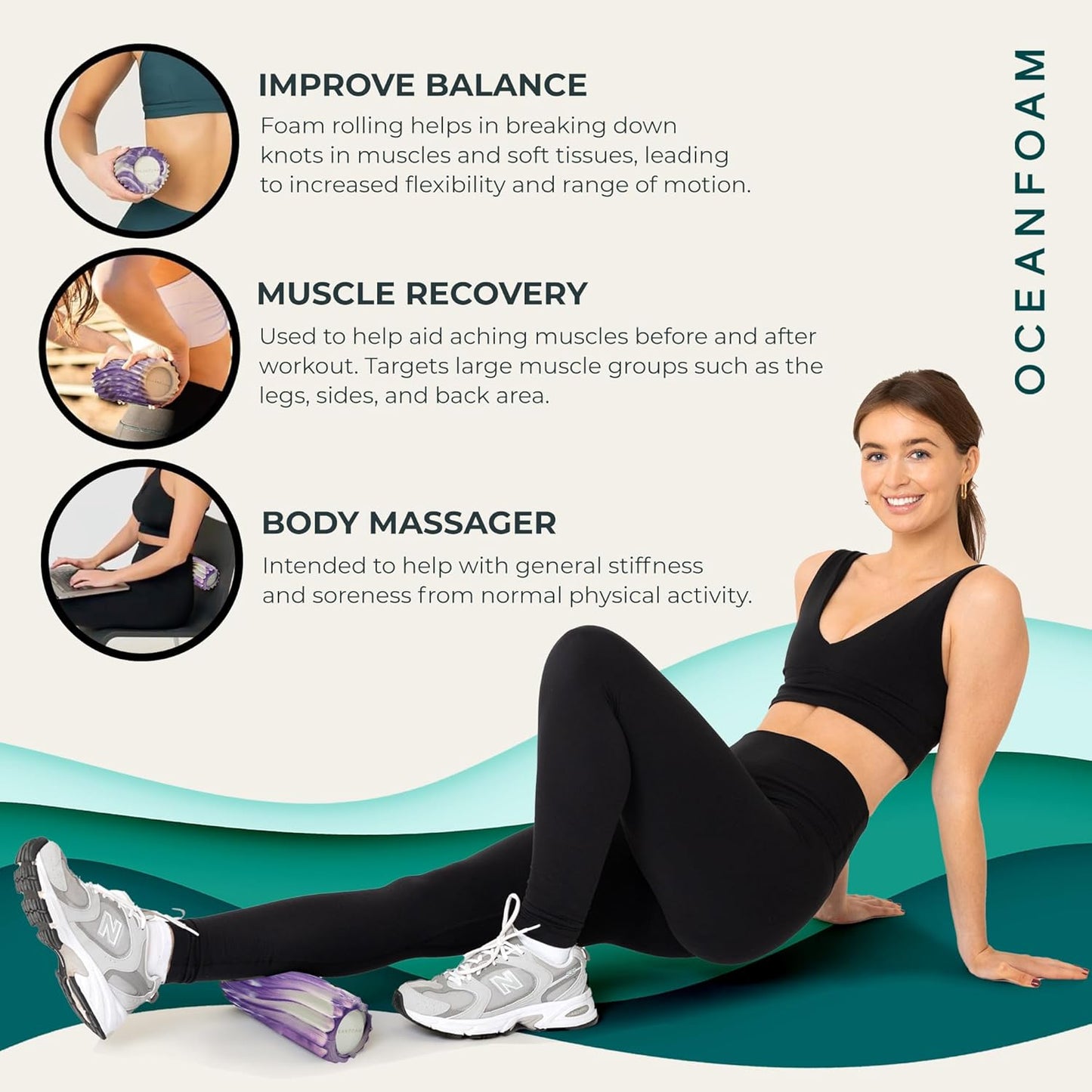 Oceanfoam Ripple Travel Foam Roller (11" x 3.35") Firm Mini Foam Roller for Physical Therapy, Deep Tissue Massage, Back Pain - High Density, Ergonomic Wave Textured - Yoga, Pilates, Exercise (Natural) - Colors B
