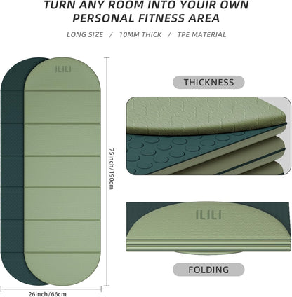 ILILI Foldable Yoga Mat-Semicircular, 10mm Thick, TPE Material, Extra Long 75"L x 26"W, Soft and Comfortable Folding Oval Mat 0.4 Inches, Easy to Carry and Store, 190*66cm Portable Multi-Functional Use for Yoga, Home Exercise & Outdoor
