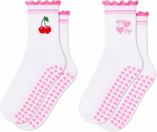 2 Pairs Cute Pilates Grip Socks for Women Bow Nonslip Ruffle Frilly Yoga Socks Cotton Crew Grippy Workout Ballet Sock