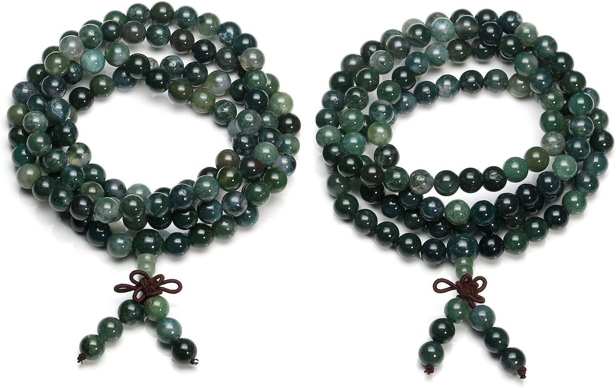 Jovivi 108 Mala Beads Bracelet 6mm 8mm Natural Indian Agate/Green Moss Agate Gemstone Healing Crystal Stone Beaded Bracelet Hand Knotted Prayer Mala Beads Necklace for Yoga Meditation Balance