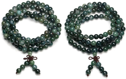 Jovivi 108 Mala Beads Bracelet 6mm 8mm Natural Indian Agate/Green Moss Agate Gemstone Healing Crystal Stone Beaded Bracelet Hand Knotted Prayer Mala Beads Necklace for Yoga Meditation Balance