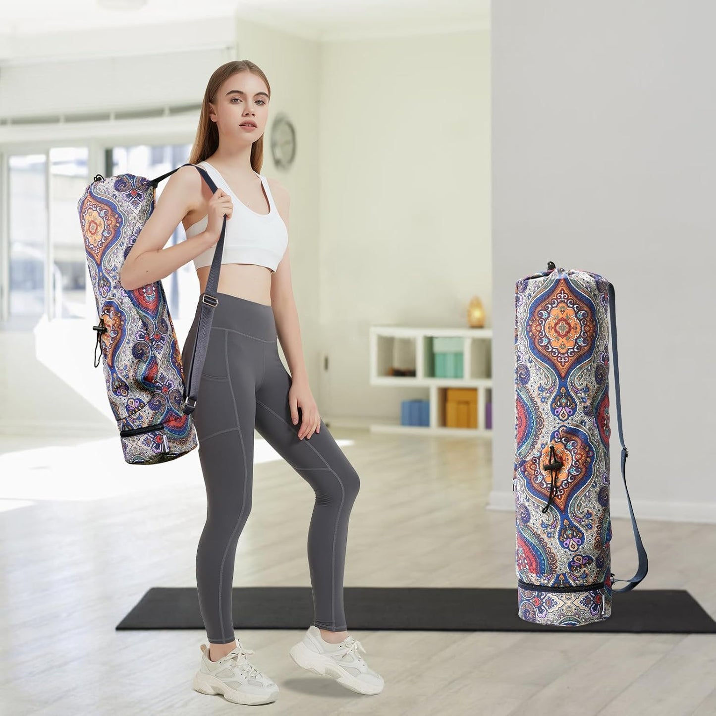 sportsnew Yoga Mat Bag with Water Bottle Pocket and Bottom Wet Pocket, Exercise Yoga Mat Carrier Multi-Functional Storage Bag, Patent pending