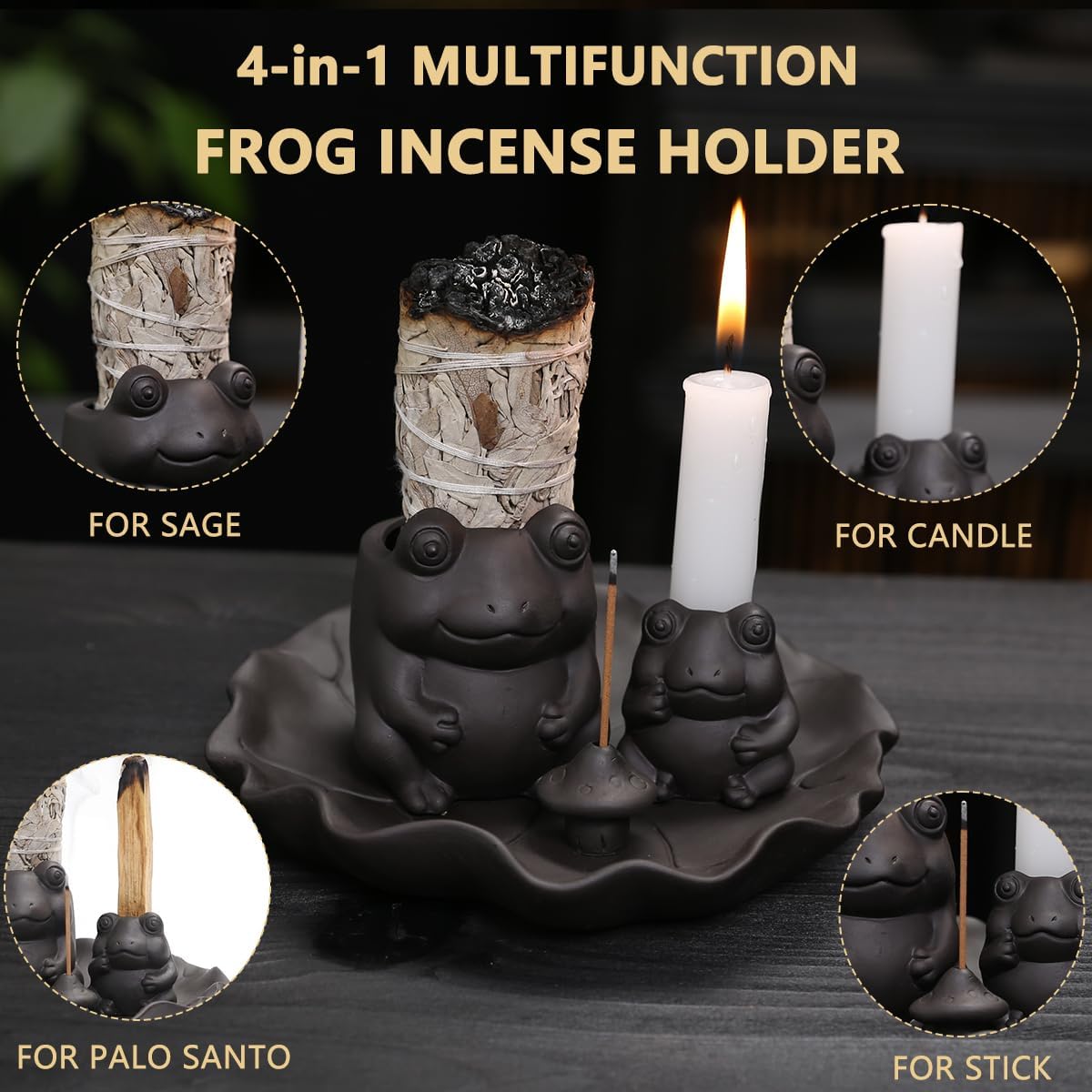 ChangWanna Frog Incense Holder Waterfall - Ceramic Cone Backflow Incense Burner Smoke Fountain, Back Flowing Incense Diffuser with 45 Sticks & 12 Cones, Frog Ornament for Aromatherapy/Yoga/Home Decor