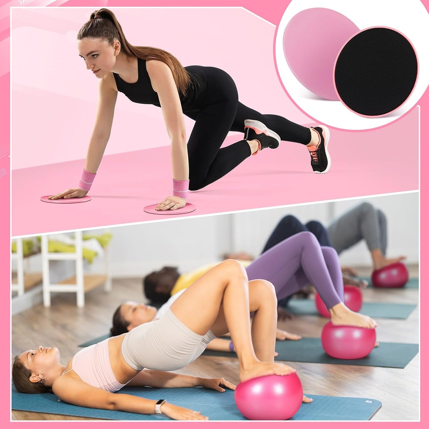 Poen 18 Pcs Home Pilates Ball and Ring Circle Set Yoga Fitness Essentials Kit with 5 Resistance Band Stretching Strap Non Slip Sock Ball Core Slider Wristband Headband Gym Bag for Women