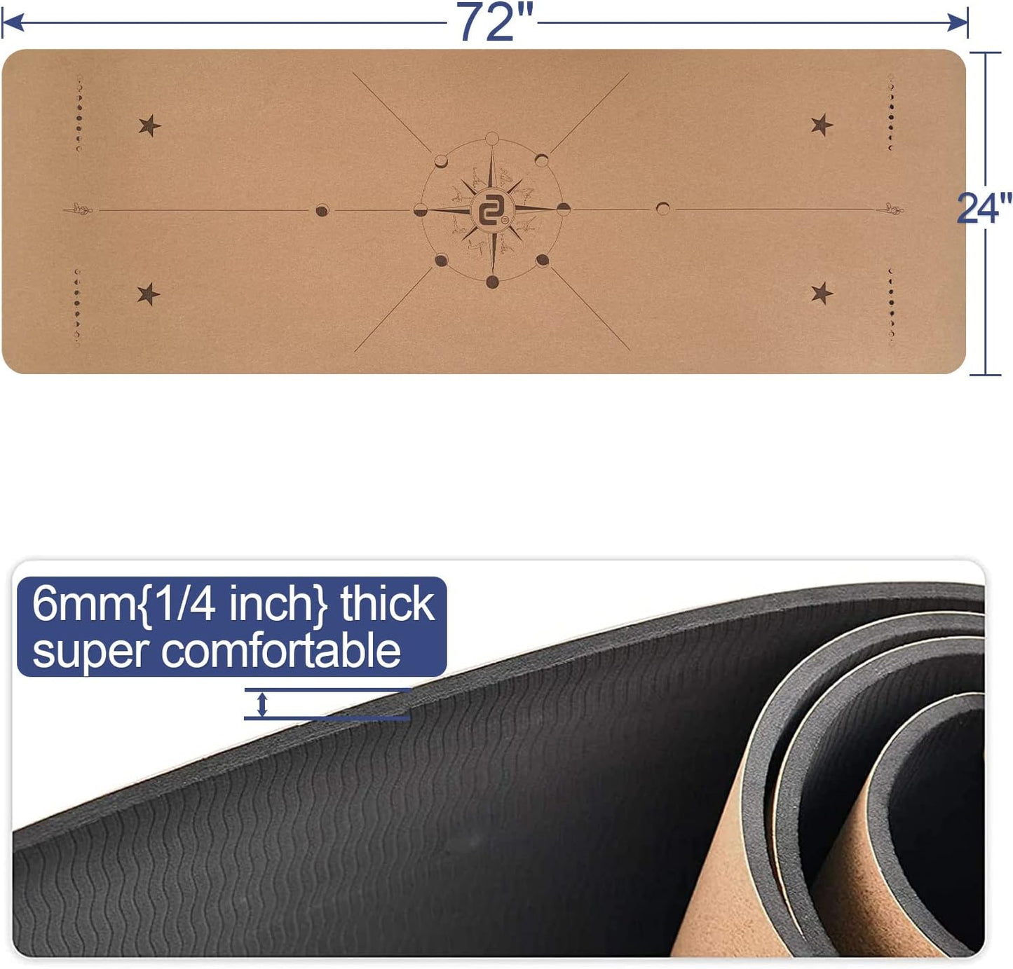 Numat Cork Yoga Mat 6mm (1/4 inch) Thick 72 x 24 in, Sweatproof NonSlip Eco-friendly, Lightweight TPE foam with Alignment Lines, Great for Hot Yoga, Pilates, Gym and Exercise, Black Carrying Bag w. Strap Included