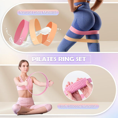 Pilates Essentials Kit for Women, 13.5" Pilates Ring and Ball Set with Resistance Bands for Home Workouts, Portable Pilates Kit with Bag & Training Poster for Full Body Exercise