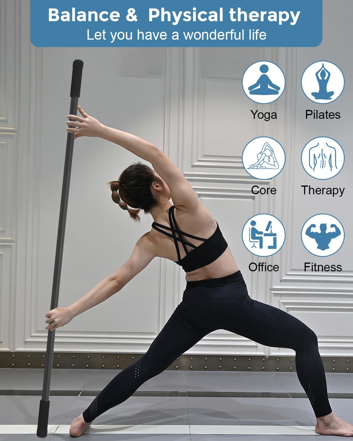 P Polerden Yoga Stick, 5ft Exercise Stick for Mobility, Stretching Stick with Non-Slip Ends, Exercise Dowel for Pilates, Balance Pole and Stretch Bar for Stretching Equipment