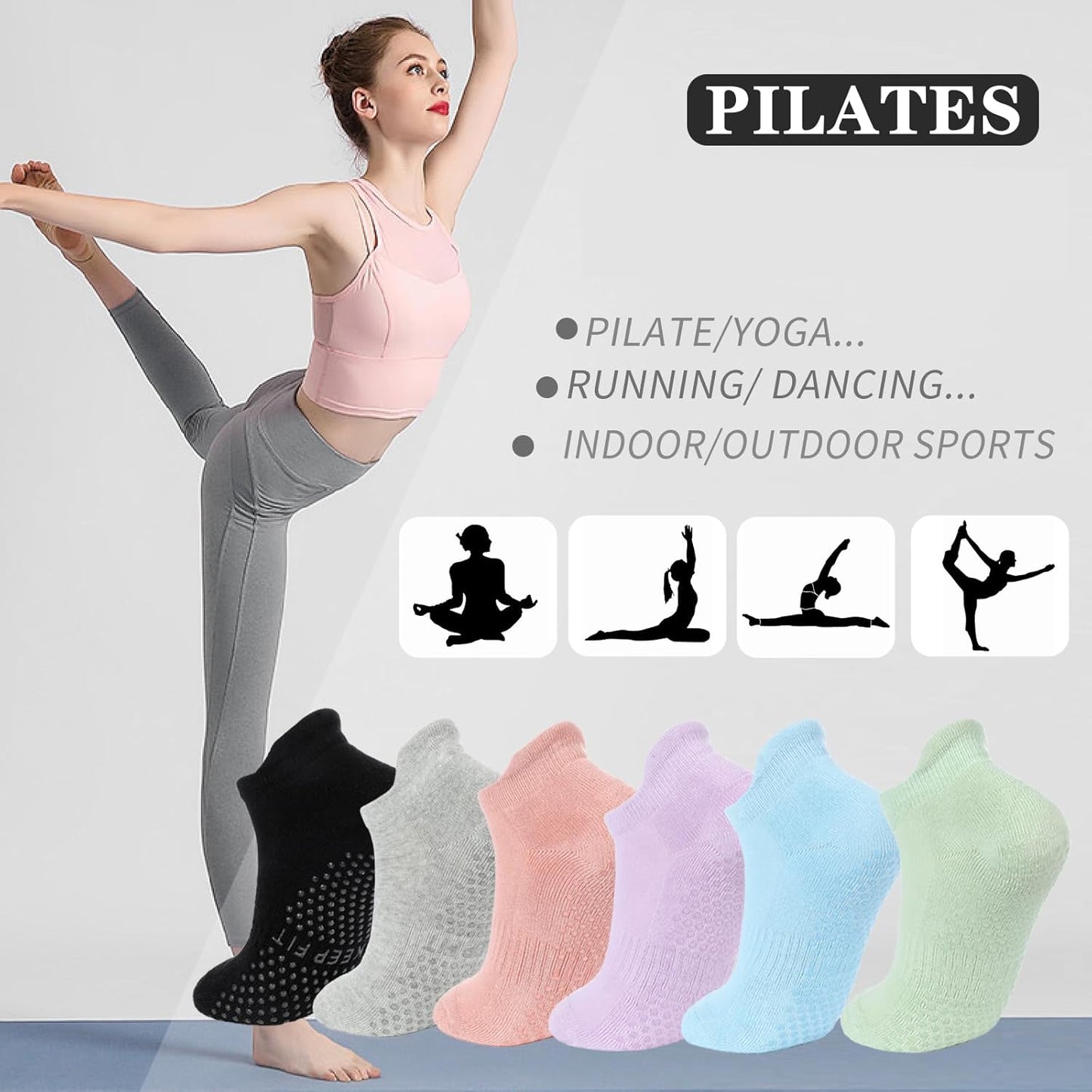 loudashuaiqi Grip Pilates Socks Non Slip Athletic Yoga Socks with Grips for Women Grippy socks for Hospital Workout Barre