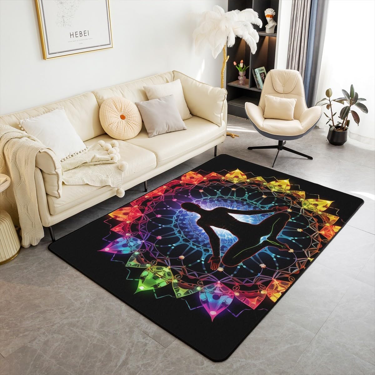 jejeloiu Yoga Chakras Area Rug 5x7, Boho Mandala Rugs for Living Room Bedroom for Kids Boys Girls Room Decor, Yoga Lover, Rainbow Chakras Indoor Floor Mat
