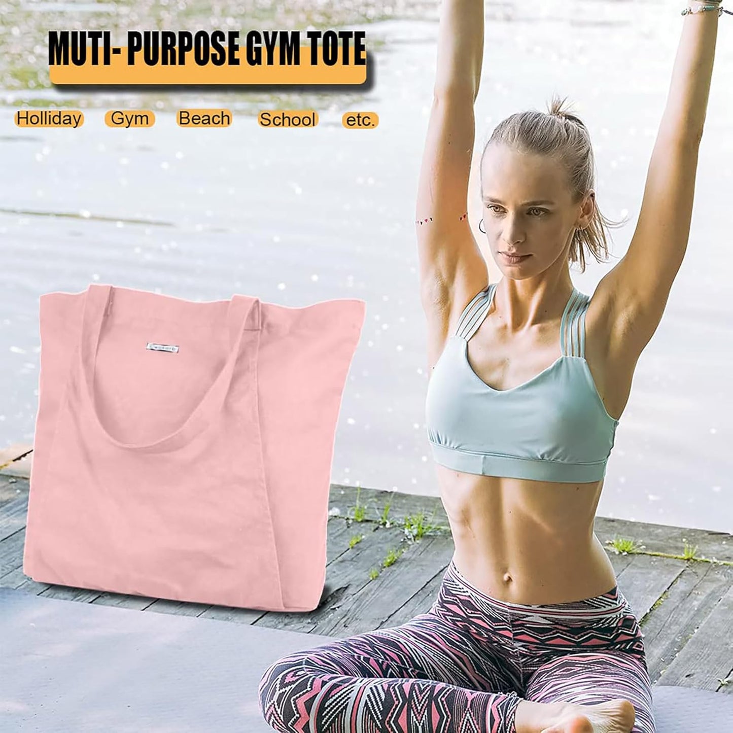 Yoga Mat Bag for Women, 100% Cotton Canvas Tote with Wet/Dry Pocket, Bottle Holder and Inner Zipper Pocket, 25L Carrier for Pilates and Travel