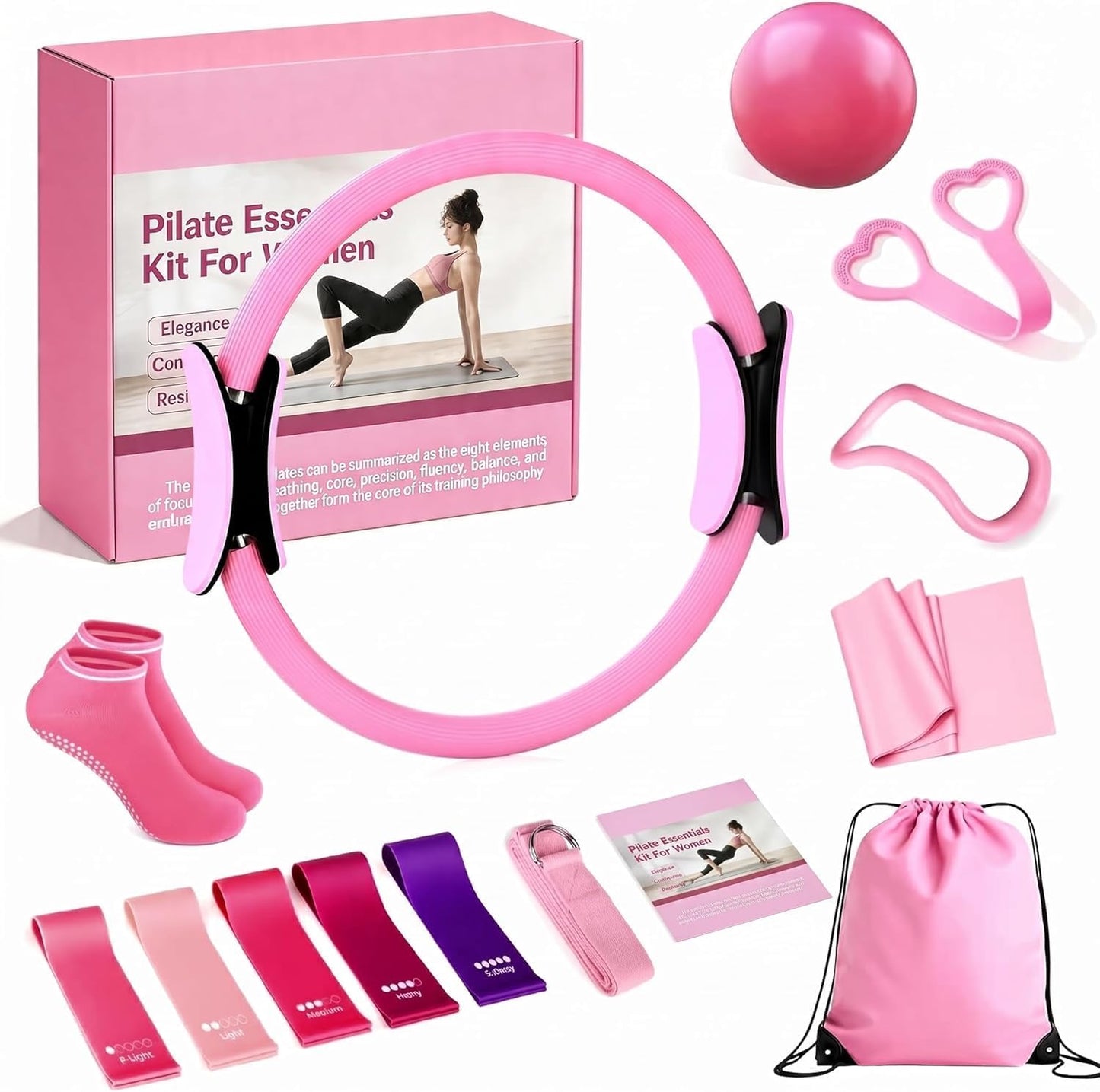 13/15Pcs Pilates Kit for Women, Pilates Equipment for Home Workouts with Magic Circle, Ball, Resistance Bands, Pilates Starter Set for Strength, Toning and Flexibility