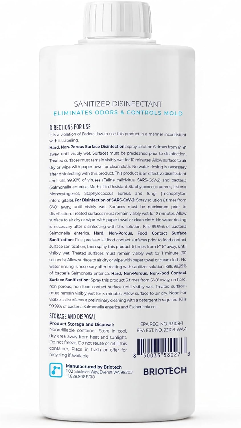 BRIOTECH Sanitizer Disinfectant Hypochlorous Spray, Kill 99.99% of Viruses & Bacteria, Control Mold, Eliminate Odor, Gentle for Nursery & Play Rooms, Food Contact Surface Sanitizer, 32 fl oz