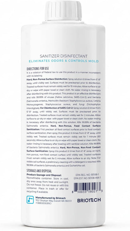 BRIOTECH Sanitizer Disinfectant Hypochlorous Spray, Kill 99.99% of Viruses & Bacteria, Control Mold, Eliminate Odor, Gentle for Nursery & Play Rooms, Food Contact Surface Sanitizer, 32 fl oz
