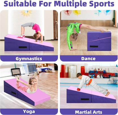 Gymnastics Mat Incline Tumbling Mats—Indoor/Outdoor Folding Cheese Wedge Mat with Non-Slip Surface & Handles for Kids Girls Home Training Exercise