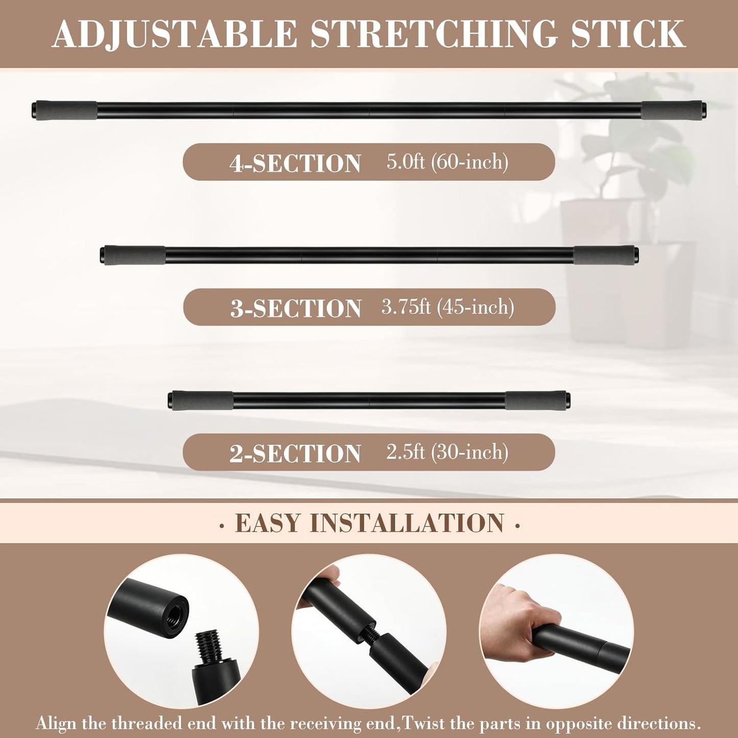 4 Pcs Adjustable Yoga Stick (30/45/60 In) with Exercise Strap Yoga Blocks Exercise Rod Workout Staff 60 Inch Sturdy Carbon Steel Stretching Stick with Non Slip Ends for Physical Pilates