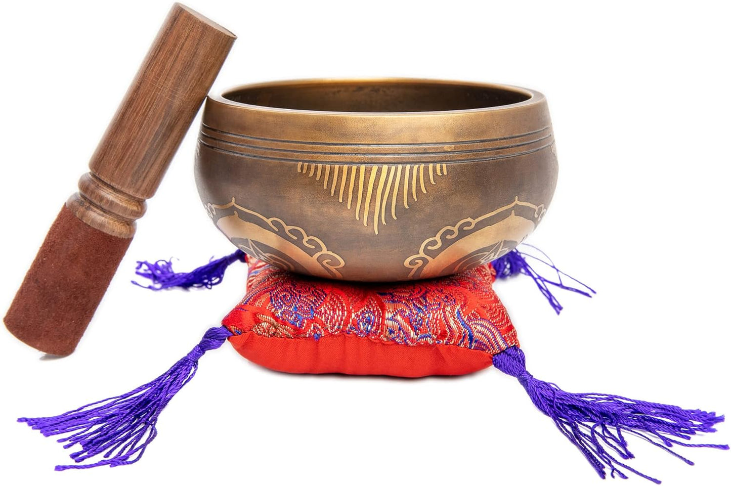 Premium Tibetan Singing Bowl Set – Handmade in Nepal Sound & Meditation Bowl – Spiritual Decor for Yoga, Wellness Spaces & Relaxation by Himalayan Bazaar (Brown & Red)