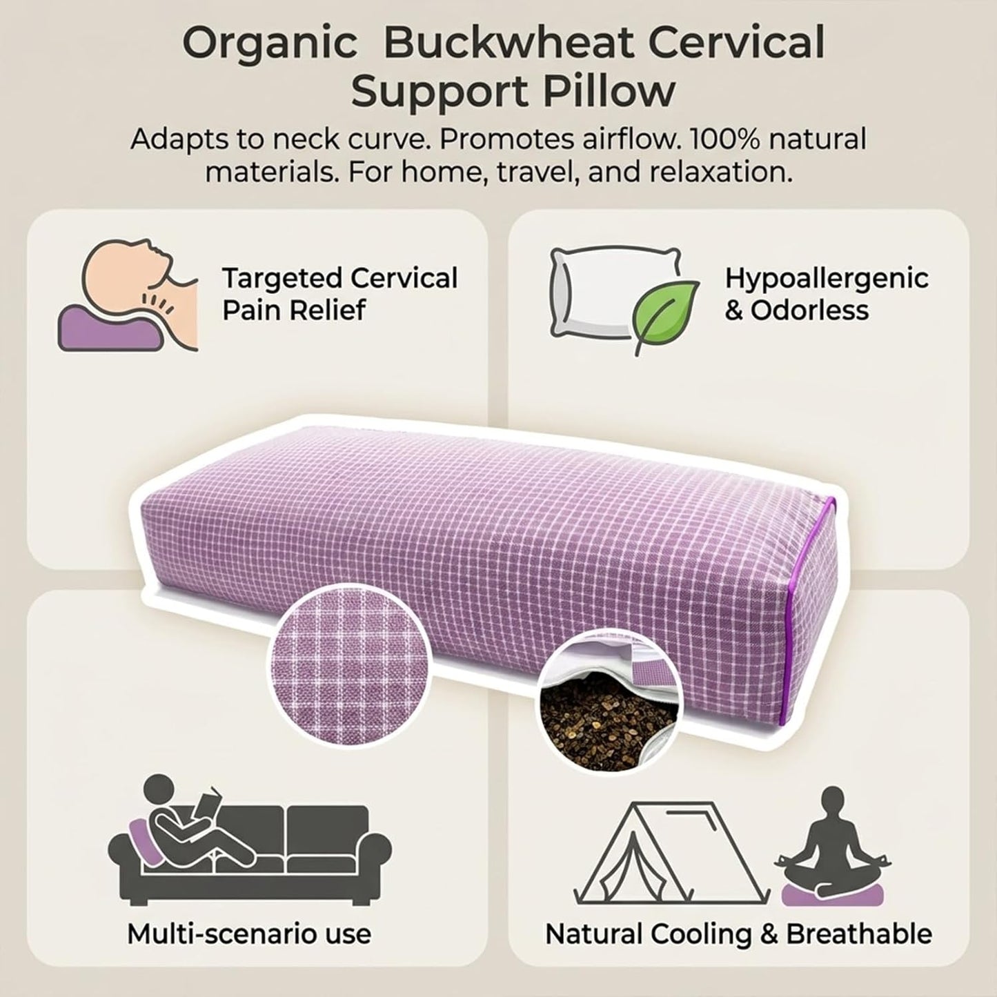 Adjustable Buckwheat Hull Pillow for Neck Pain Relief (21x8x4in) Natural Cooling Cervical Support Organic Pillow for Side & Back Sleepers with Night Sweats (Grey)
