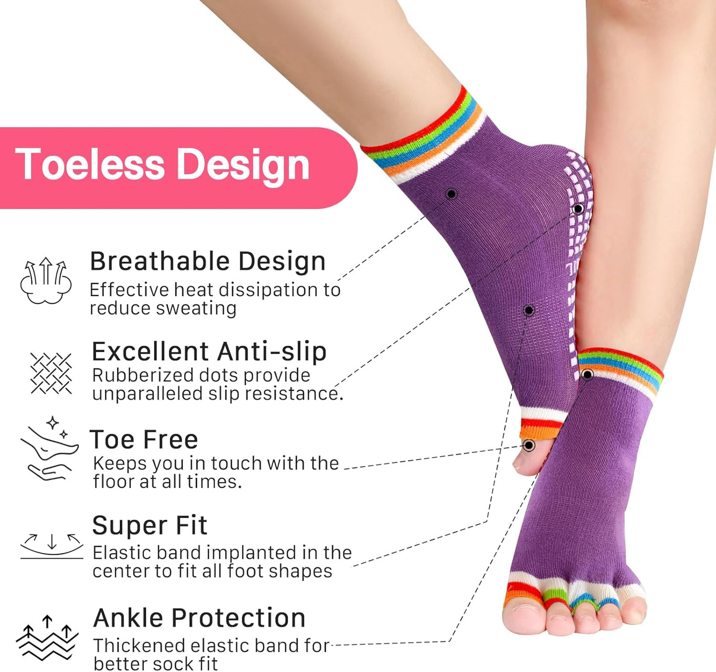Women's Toe Separator Yoga Socks 5-Pack - Non-Slip Grips, Barefoot Pilates Socks with Open Toes, Breathable Cotton for Barre, Dance, Studio - Fits US 5.5-9.5 + Storage Bag