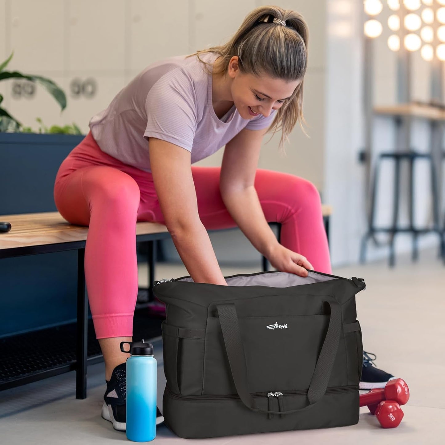 ETRONIK Gym Bag for Women, Personal Item Travel Bag with Shoes Compartment, Weekender Overnight Duffel Bag with Wet Pocket, Carry On Bag for Women, Travel, Gym, Weekend (Beige)