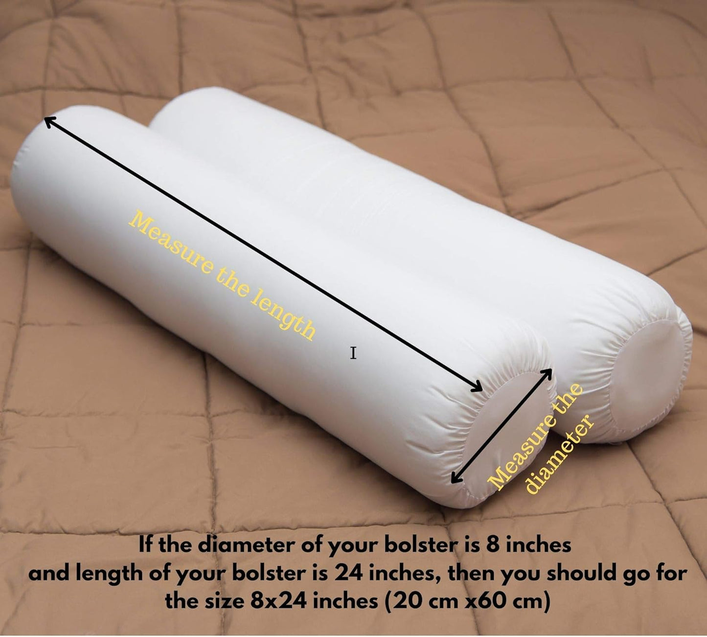 Saffron Quilted Bolster Pillow Cover (Brown, 8" Diameter x24 Long (20 cm x 60 cm))