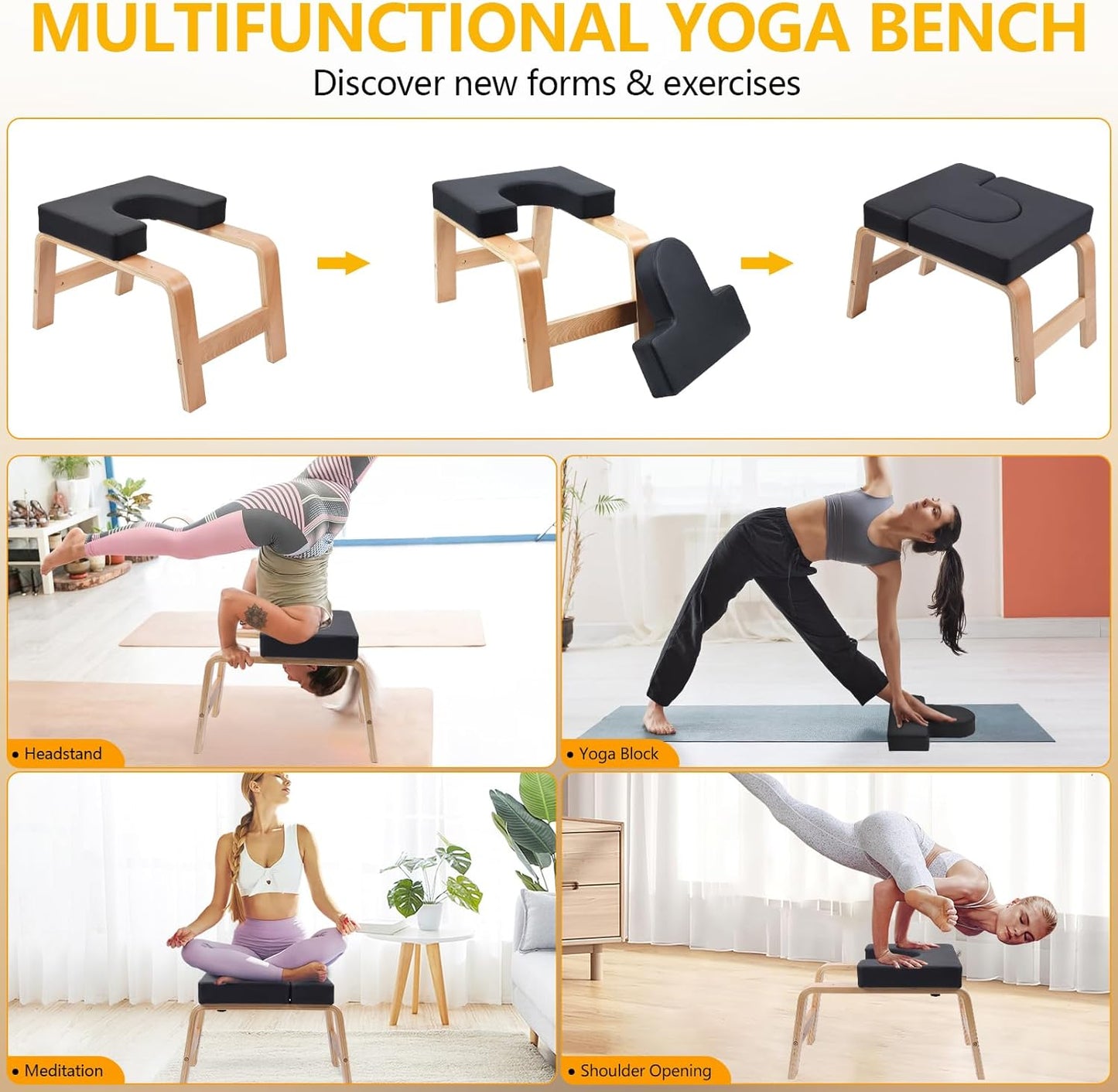 Yoga Headstand Bench, Yoga Inversion Chair, Headstand Trainer with Wood Frame and Pu Pad,Stand Yoga Chair Stress Relief, Balance Training, Body Shaping, Load Capacity 300 Pounds
