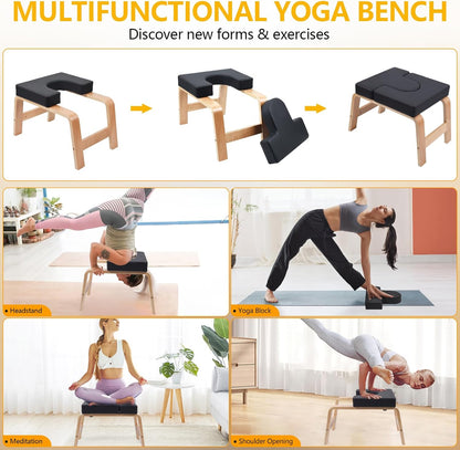 Yoga Headstand Bench, Yoga Inversion Chair, Headstand Trainer with Wood Frame and Pu Pad,Stand Yoga Chair Stress Relief, Balance Training, Body Shaping, Load Capacity 300 Pounds