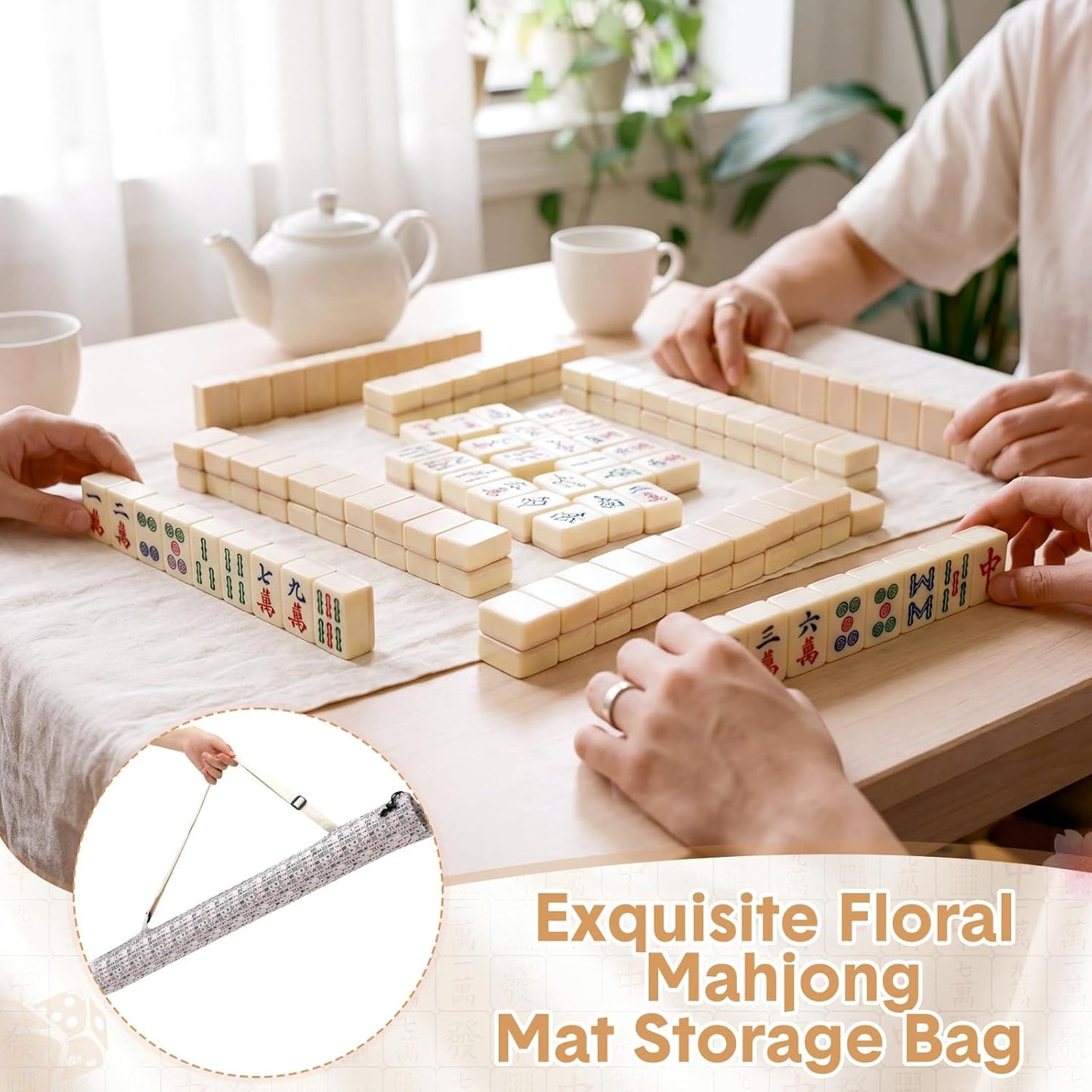 Shinylin 35 Inch Mahjong Mat Carrying Bag with Strap, Printed Drawstring Mahjong Holder Bag Outdoor Travel Canvas Storage for Board Games, Yoga Mats, Tripod