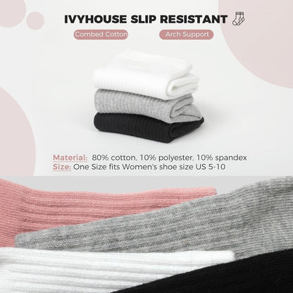 Ivyhouse Pilates Yoga Socks with Grips for Women - Crew Length Ballet Barre Socks - Sticky Workout Hospital Socks