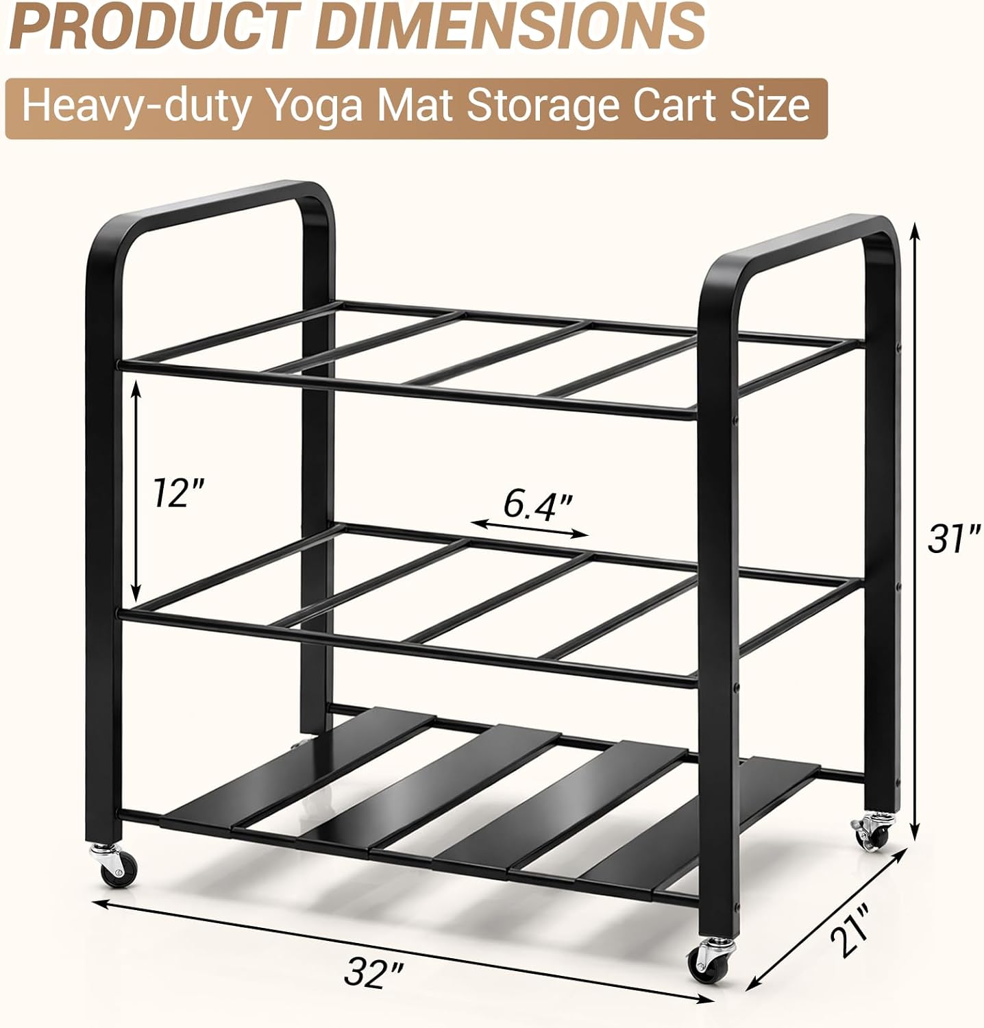 32'' x 21'' x 31'' Yoga Mat Storage Cart with Wheels, Floor Metal Gym Foam Rollers Storage Organizer, Yoga Mat Holder Basket for Commercial and Home Gym Accessories