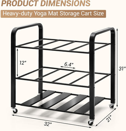 32'' x 21'' x 31'' Yoga Mat Storage Cart with Wheels, Floor Metal Gym Foam Rollers Storage Organizer, Yoga Mat Holder Basket for Commercial and Home Gym Accessories