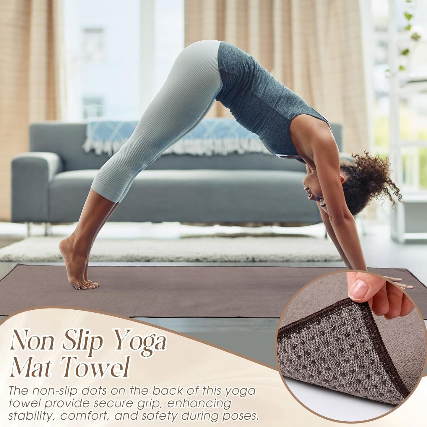 Hahafelt 3 Pack Hot Yoga Towel Non Slip 72" x 26" Extra Large Microfiber Yoga Mat Towel with Grip Dot Absorbent Sweat Anti-Slip Mat Cover for Pilates Fitness(Beige Dark Gray Coffee)