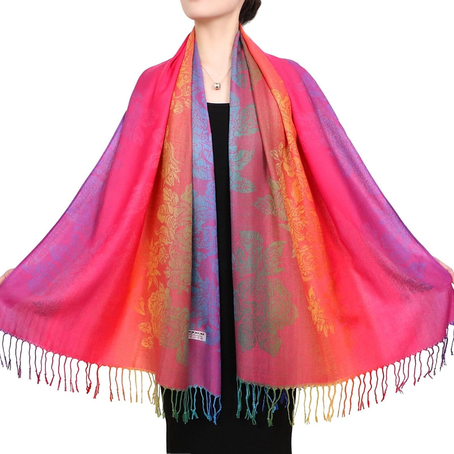 Colorful flowers Jacquard cotton pashmina Women Wrap Shawl tassels Scarves