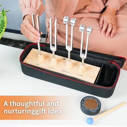 Tuning Forks for Healing Set – Includes 128Hz, 136Hz, 256Hz, 384Hz & Activator, Portable in Red Leather Pouch – Medical Grade Sound Healing Instruments for Chakra, Yoga, and Meditation