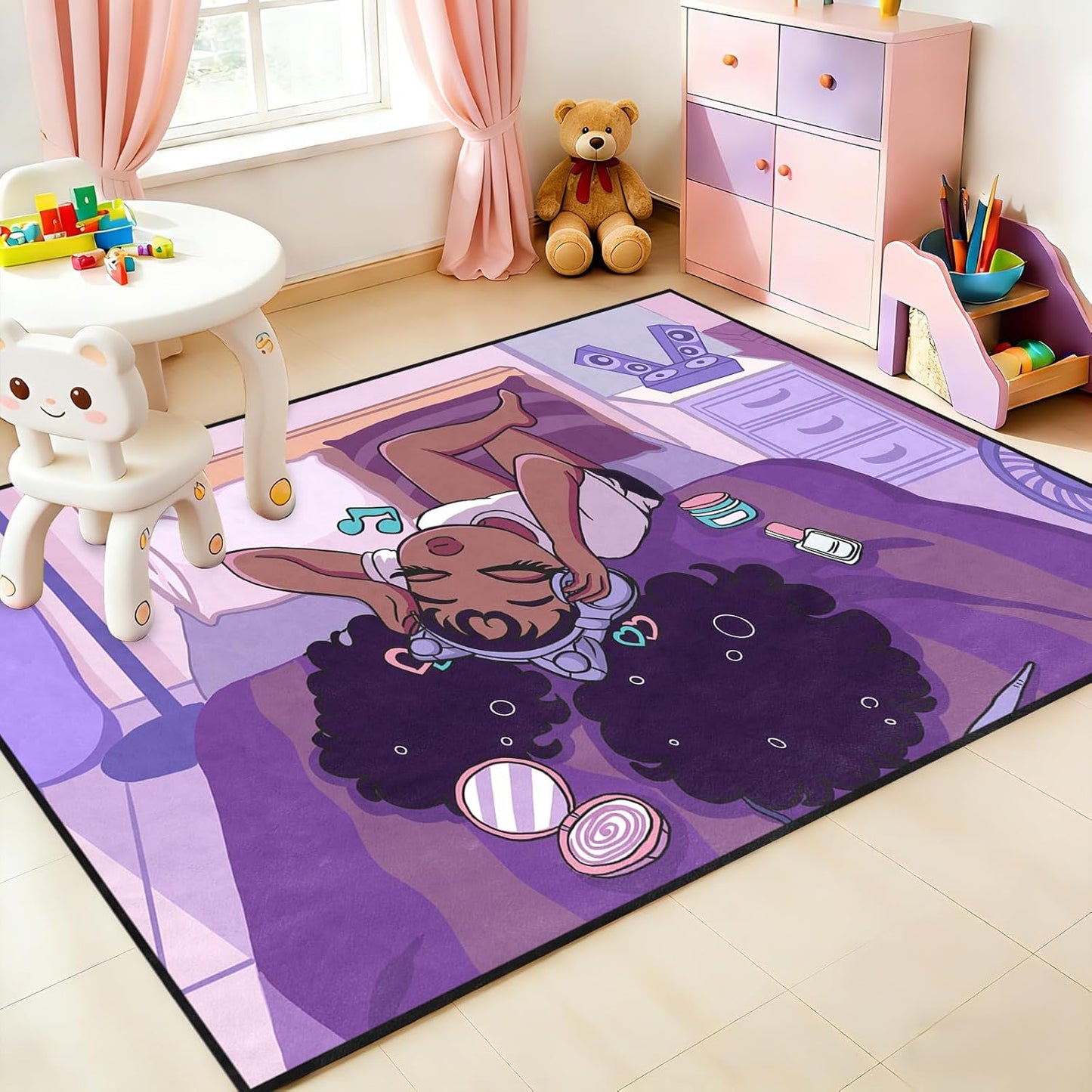 Black Girl Area Rug for Bedroom African Black Girls Floor Rugs for Living Room Playroom Cartoon Art Home Decor Soft Yoga Mats for Women Afro Purple 47" x 31" (2.7 x 3 Feet)