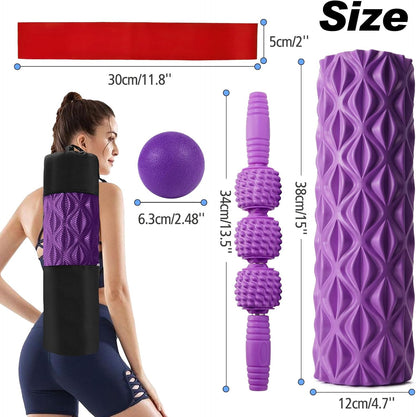 JOYENERGY 5 in 1 Foam Roller Set High Density Foam Roller Patented, Massage Stick, Massage Ball, Resistance Band for Deep Muscle Massage Pilates Yoga, Fitness for Trigger Point Release