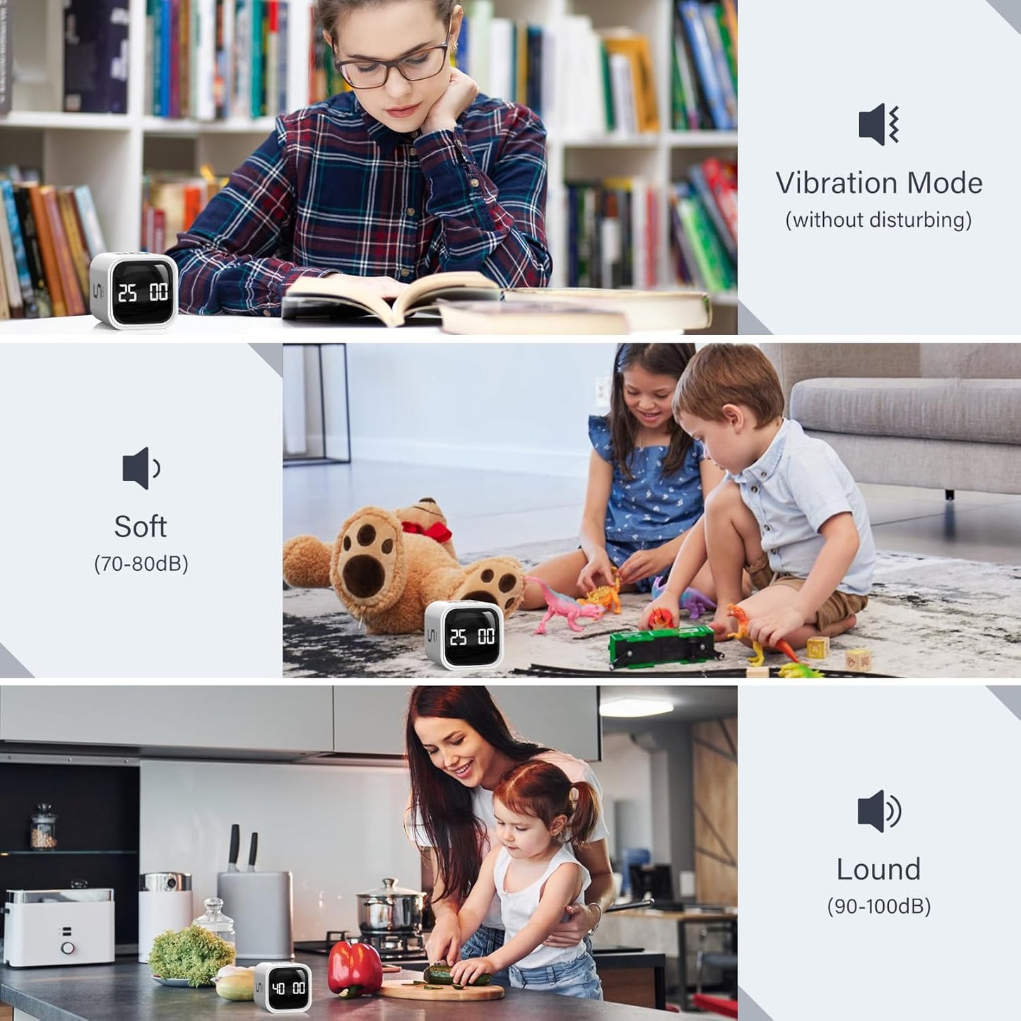 Rotating Pomodoro Timer 5, 25, 10 50 Minutes Preset, Desk Productivity Flip Timer, ADHD Tool Cube Countdown Stopwatch, Vibration/High/Low Volume/Custom Modes, for Work, Study, Back to School, Kitchen