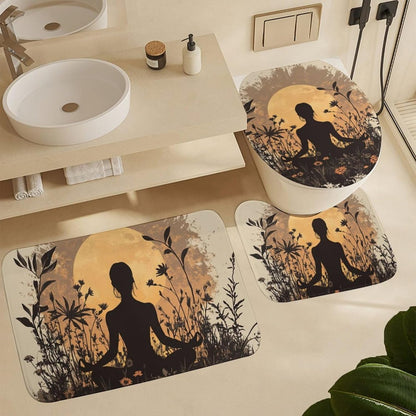 4Pcs Bohemian Yoga Fantasy Shower Curtain Sets, Bath Mat and Rugs, Floral Moon Rustic Art Deco Shower Curtain with Hooks for Bathroom