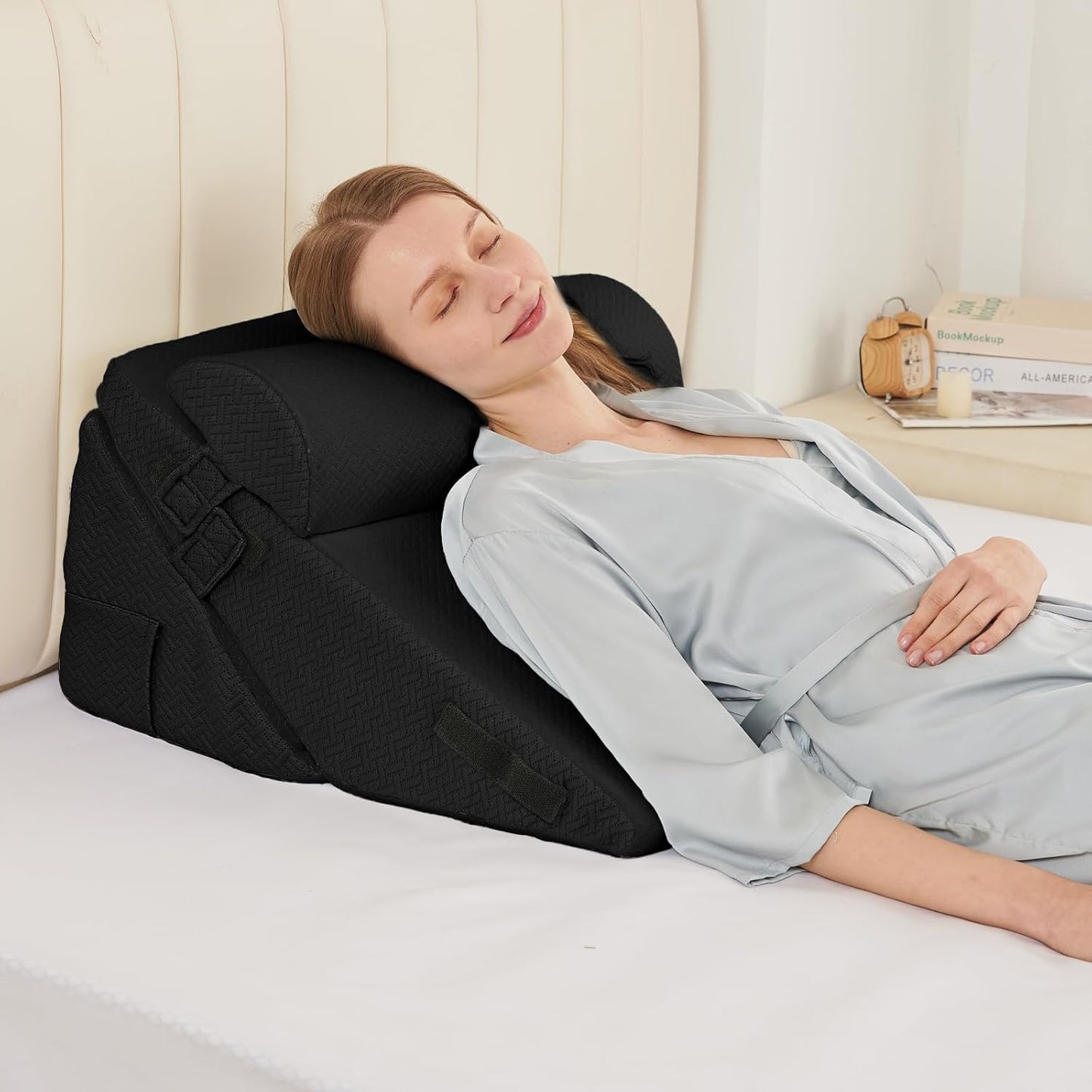 Sasttie Wedge Pillow Set for After Surgery, 2PCS Adjustable Bed Wedge Pillow Headboard with Memory Foam Neck Cushion – for Acid Reflux, Sleeping, Neck & Back Support, Dark Grey