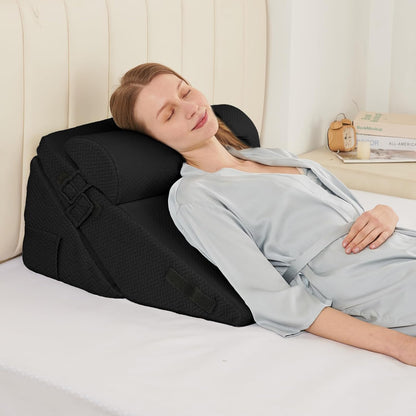 Sasttie Wedge Pillow Set for After Surgery, 2PCS Adjustable Bed Wedge Pillow Headboard with Memory Foam Neck Cushion – for Acid Reflux, Sleeping, Neck & Back Support, Dark Grey